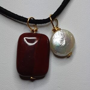 Red Mookaite Jasper and Coin Pearl Wire Wrap Necklace